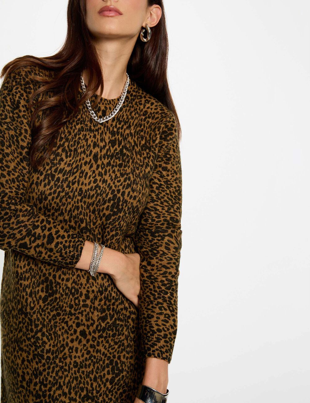 Robe tricot imprim&eacute; animal camel femme