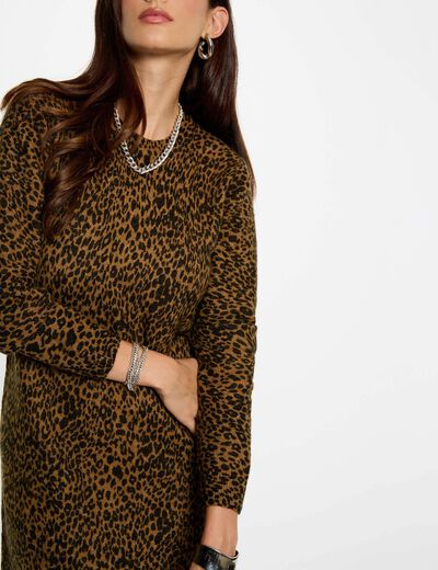 Robe tricot imprim&eacute; animal camel femme