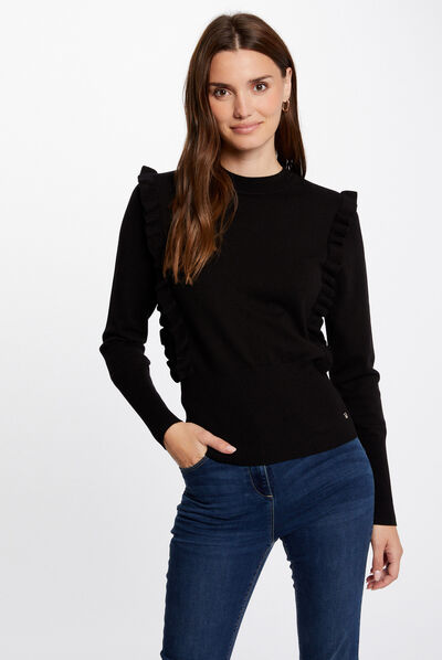 Pull manches longues à volants noir femme