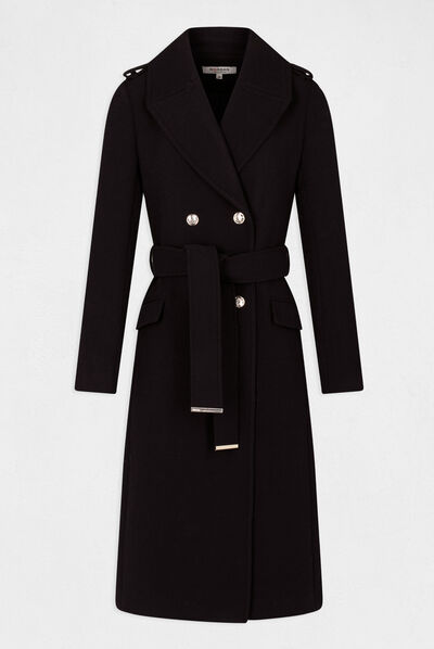 Manteau droit boutonné et ceinturé noir femme