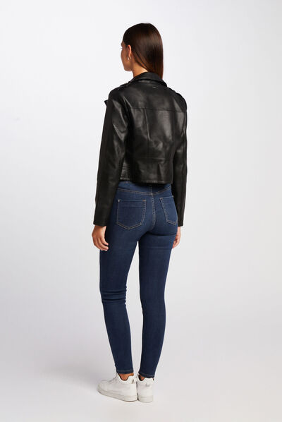 Blouson droit avec col cranté à revers noir femme