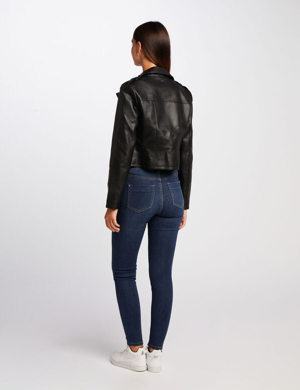 blouson droit avec col crante a revers noir femme Blouson droit avec col cranté à revers noir femme