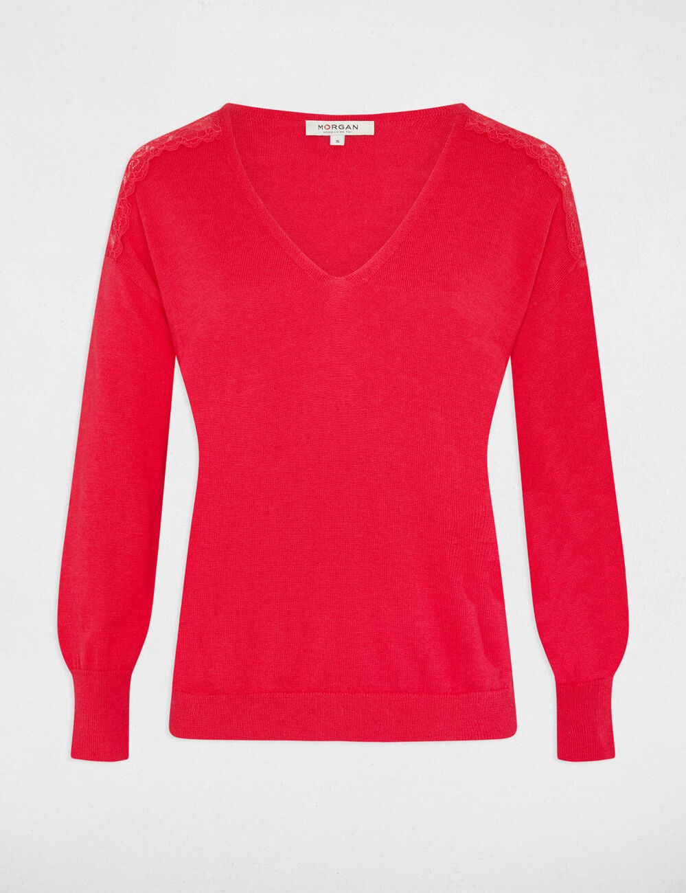 Pull col en V manches longues rouge moyen femme