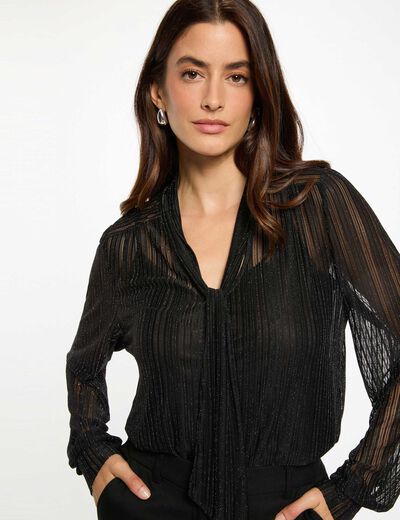 T-shirt court col lavalli&egrave;re noir femme