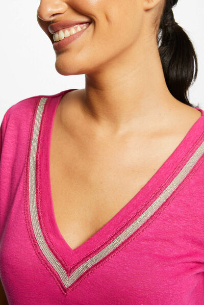 T-shirt manches courtes à détails bijoux rose fonce femme