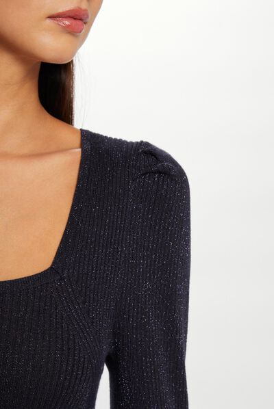 Pull manches longues encolure carrée marine femme