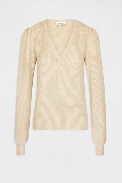 Pull manches longues à col en V beige femme