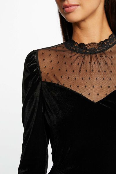 T-shirt manches longues velours plumetis noir femme