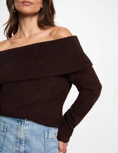Pull col bardot marron fonc&eacute; femme