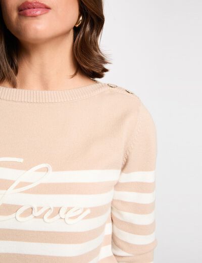 Pull ray&eacute; brod&eacute; marron clair femme