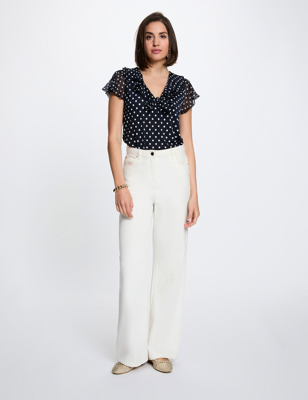 T-shirt voile col v bleu marine femme