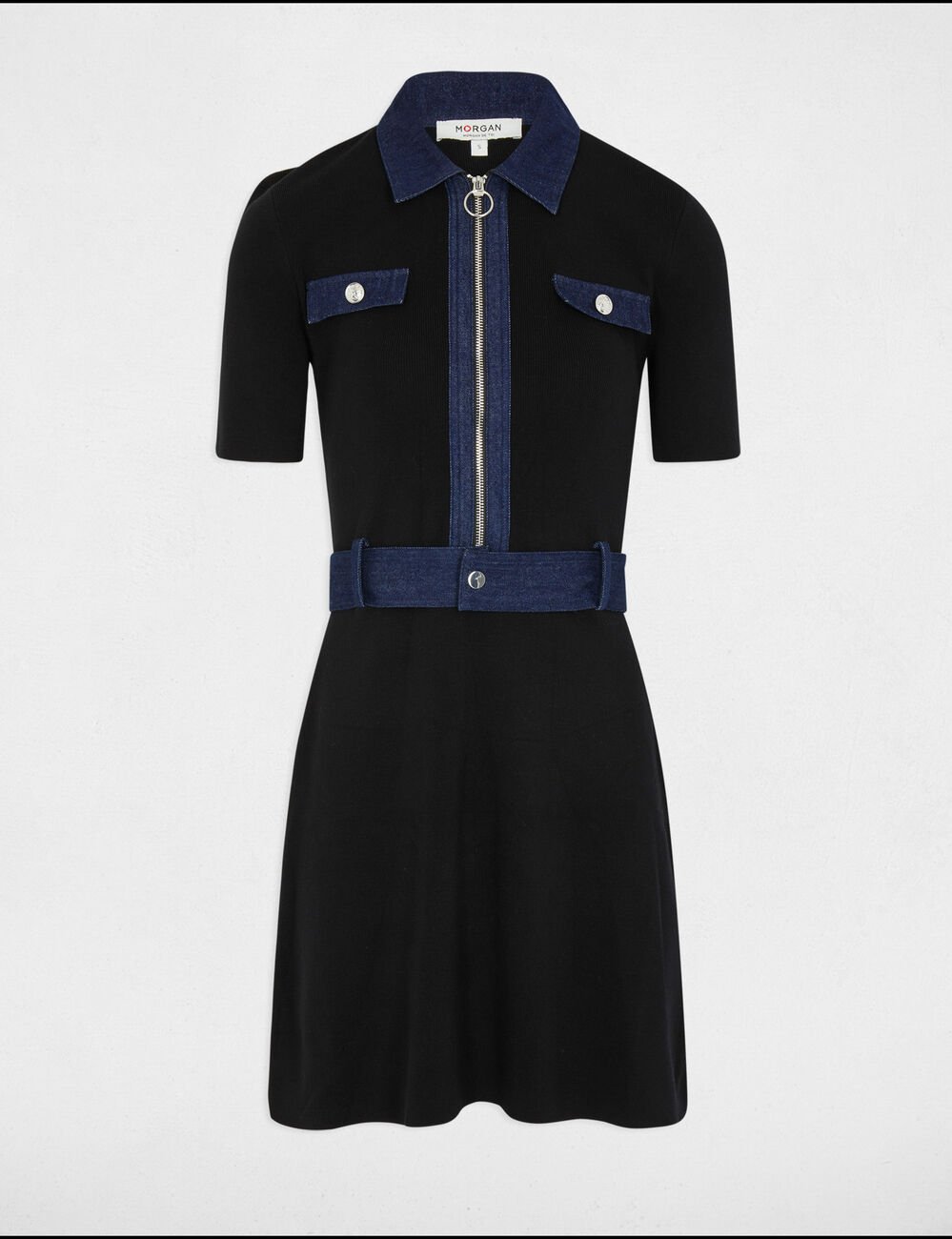 Robe tricot courte trapèze noir femme