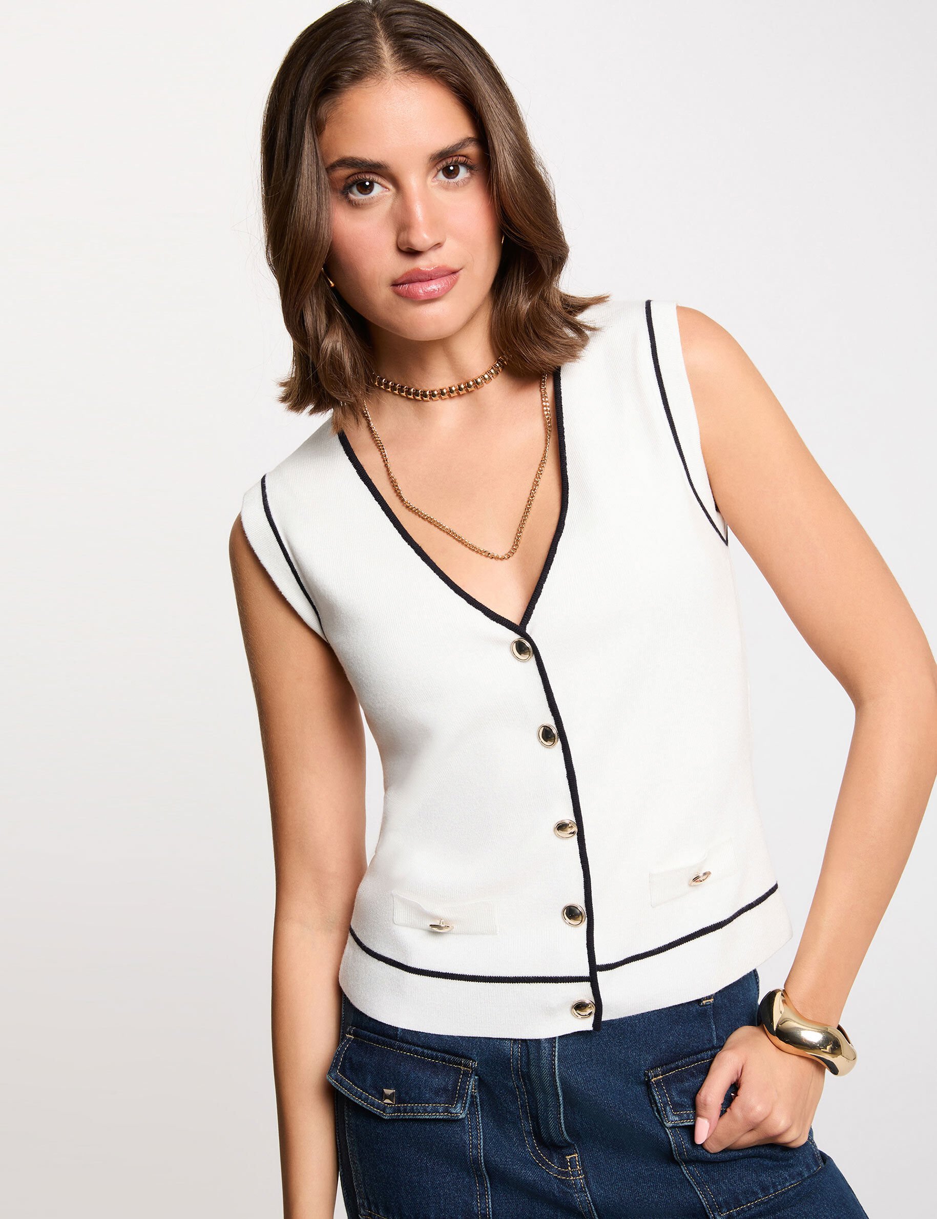 Pull sans manches col v femme