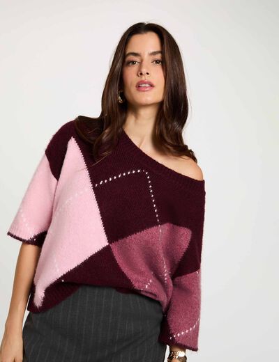 Pull jacquard col rond prune femme