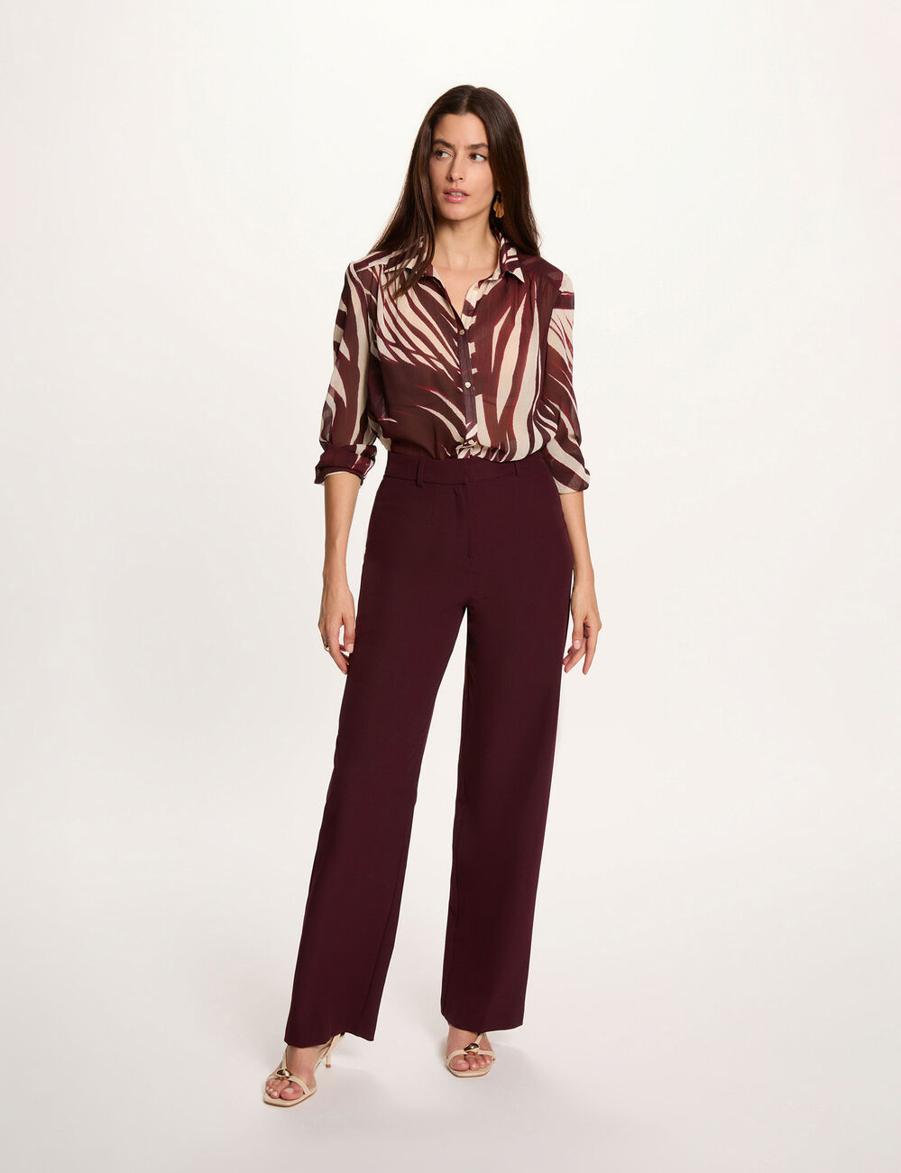 Pantalon droit &agrave; pinces prune femme