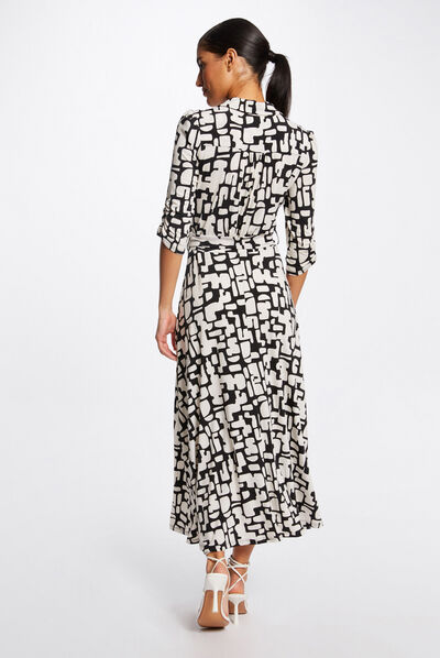 Robe longue évasée imprimé abstrait ecru femme
