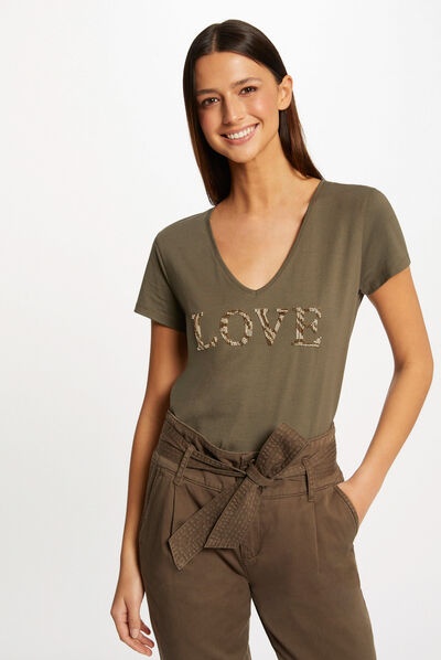 T-shirt à manches courtes vert kaki femme