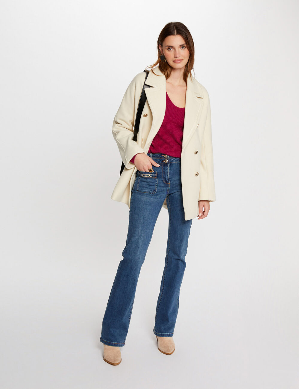 Manteau droit boutonn&eacute; ivoire femme