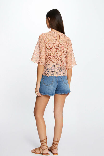 Blouse manches courtes en dentelle rose moyen femme