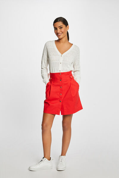 Jupe droite taille haute boutonnée rouge femme