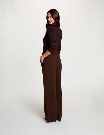 Pull col v fantaisie marron fonc&eacute; femme