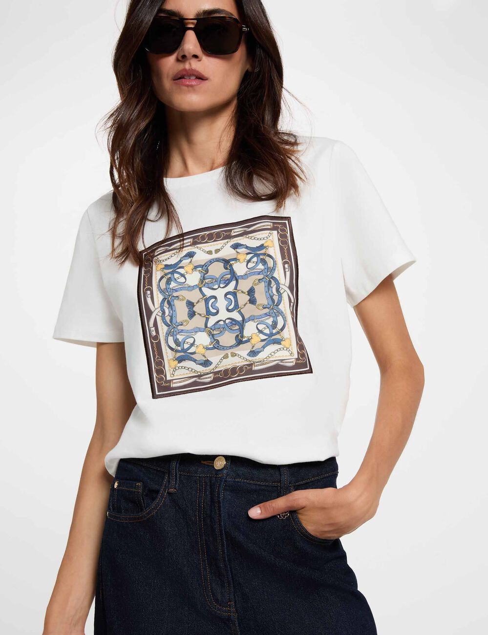 T-shirt imprim&eacute; col rond blanc femme