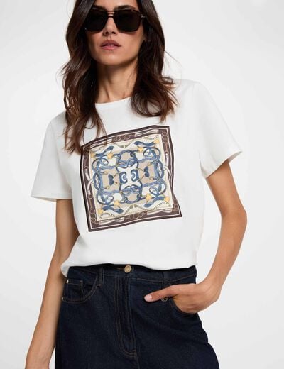 T-shirt imprim&eacute; col rond blanc femme