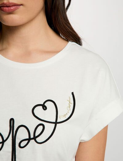 T-shirt brod&eacute; col rond blanc femme