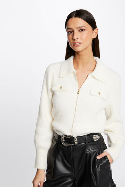 Gilet manches longues col à revers ivoire femme