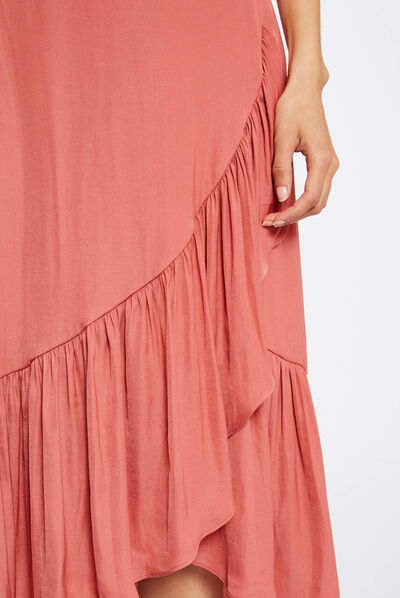 Jupe midi évasée à volants rouille femme