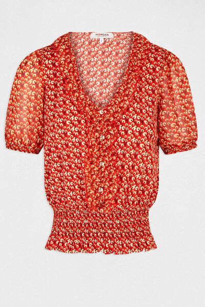 T-shirt manches courtes imprimé végétal rouge femme