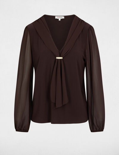 T-shirt voile col lavalli&egrave;re marron fonc&eacute; femme
