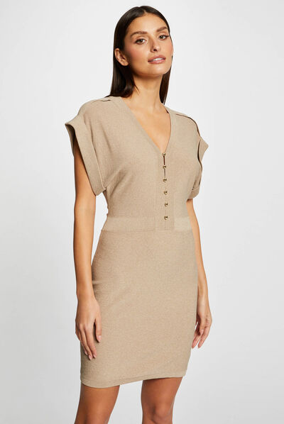 Robe pull ajustée manches courtes taupe femme