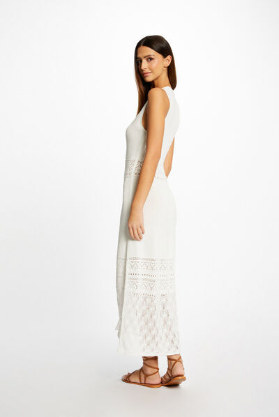 Robe pull longue droite sans manches ecru femme
