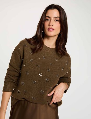 Pull &eacute;pais col rond vert kaki femme