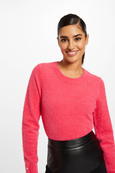 Pull manches longues à col rond fuchsia femme