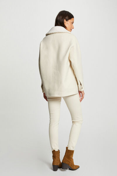 Manteau avec col fourrure amovible ivoire femme