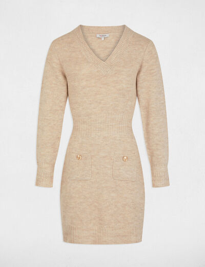 Robe tricot courte ajustée beige femme