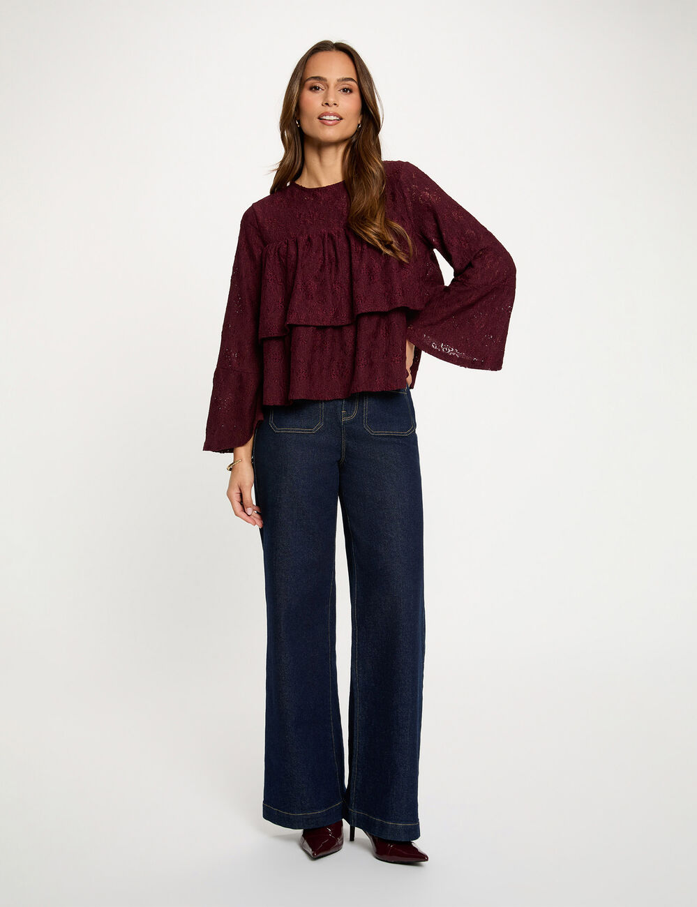 T-shirt dentelle volants bordeaux femme