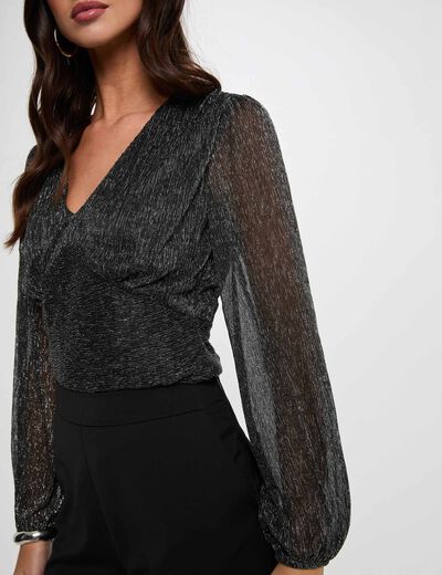 T-shirt col v manches longues couleur argent femme