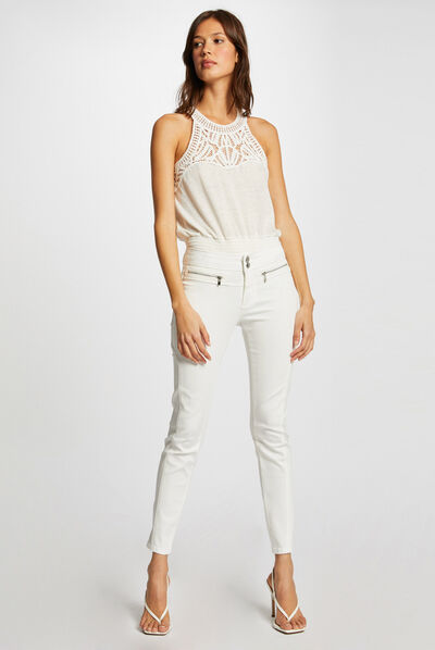 Pantalon slim taille basse ecru femme