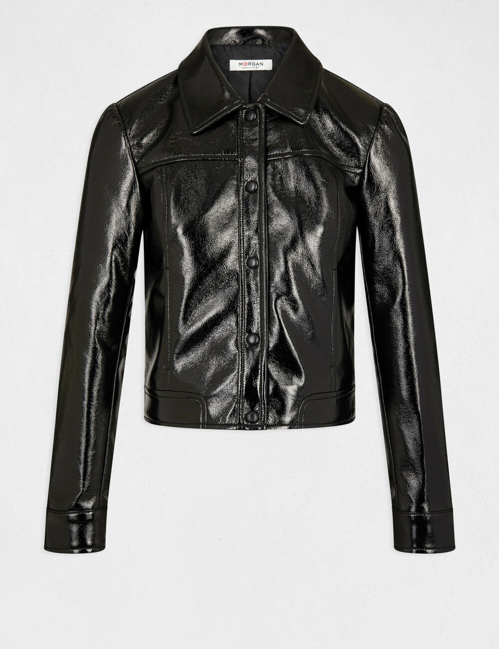 Veste droite boutonn&eacute;e simili cuir noir femme