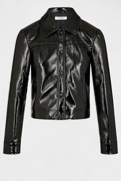 Veste droite boutonnée simili cuir noir femme
