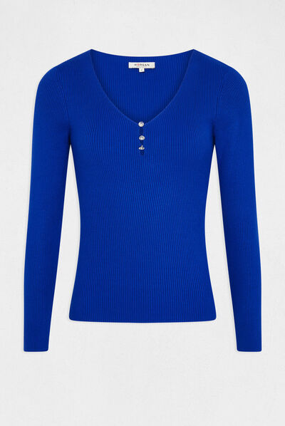 Pull manches longues col en V bleu electrique femme