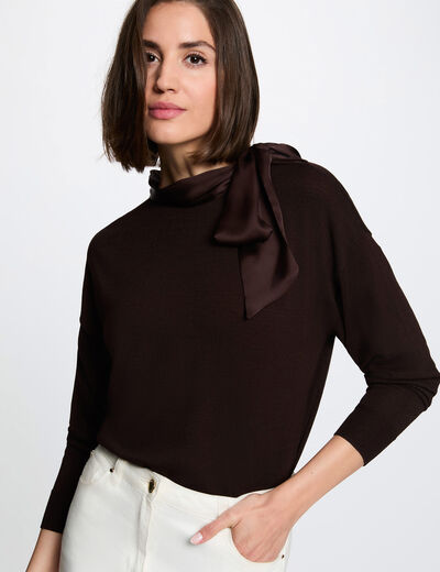 Pull col rond manches longues marron fonc&eacute; femme