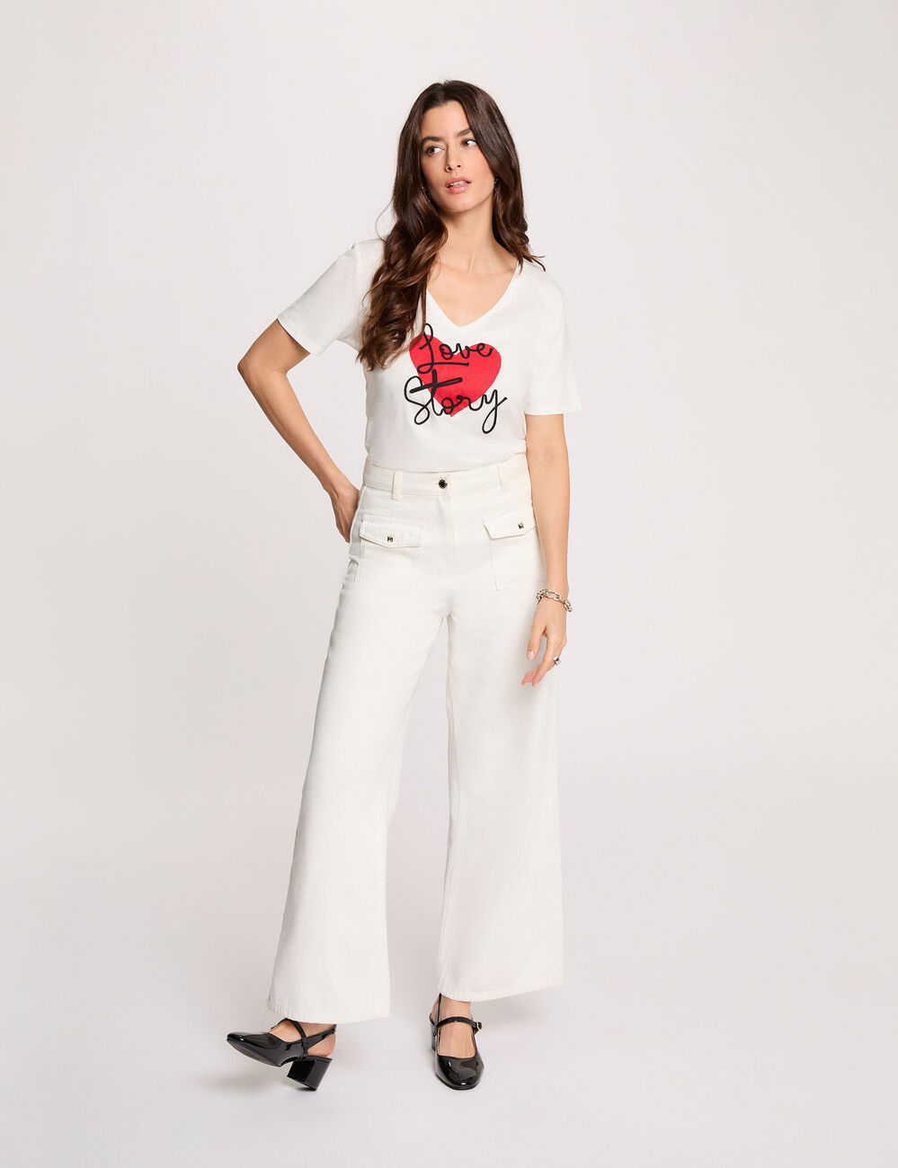 T-shirt col v manches courtes blanc femme