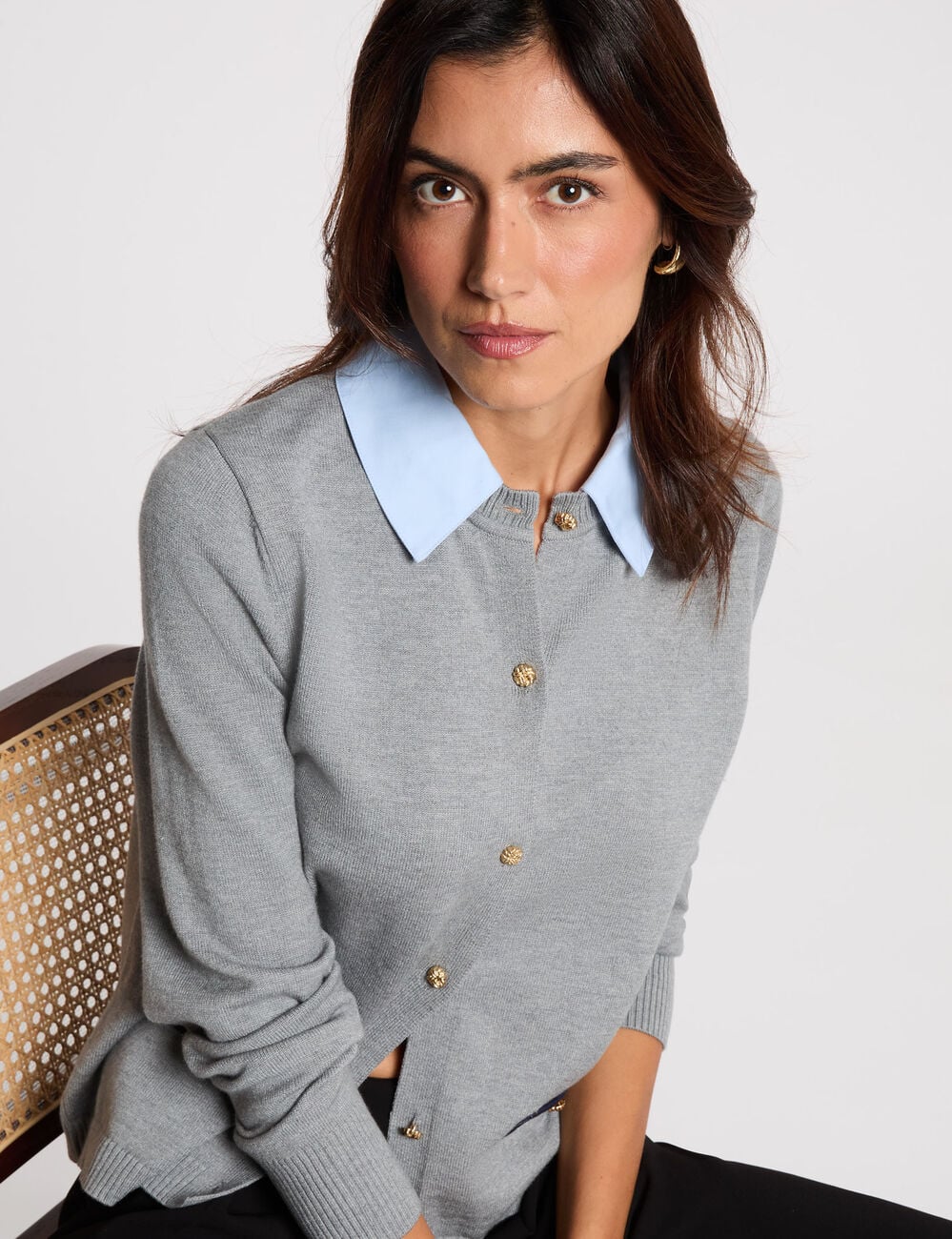 Pull col &agrave; revers gris clair femme