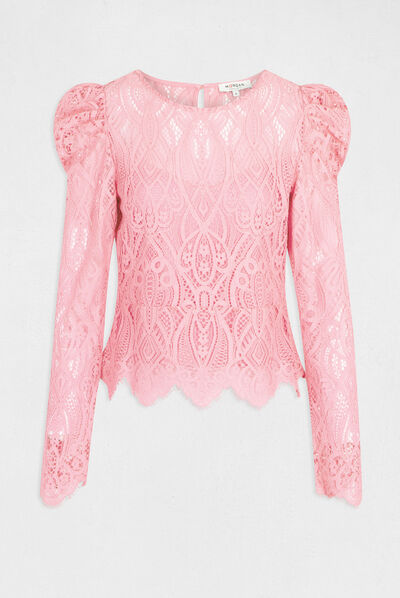 T-shirt manches longues à dentelle rose moyen femme