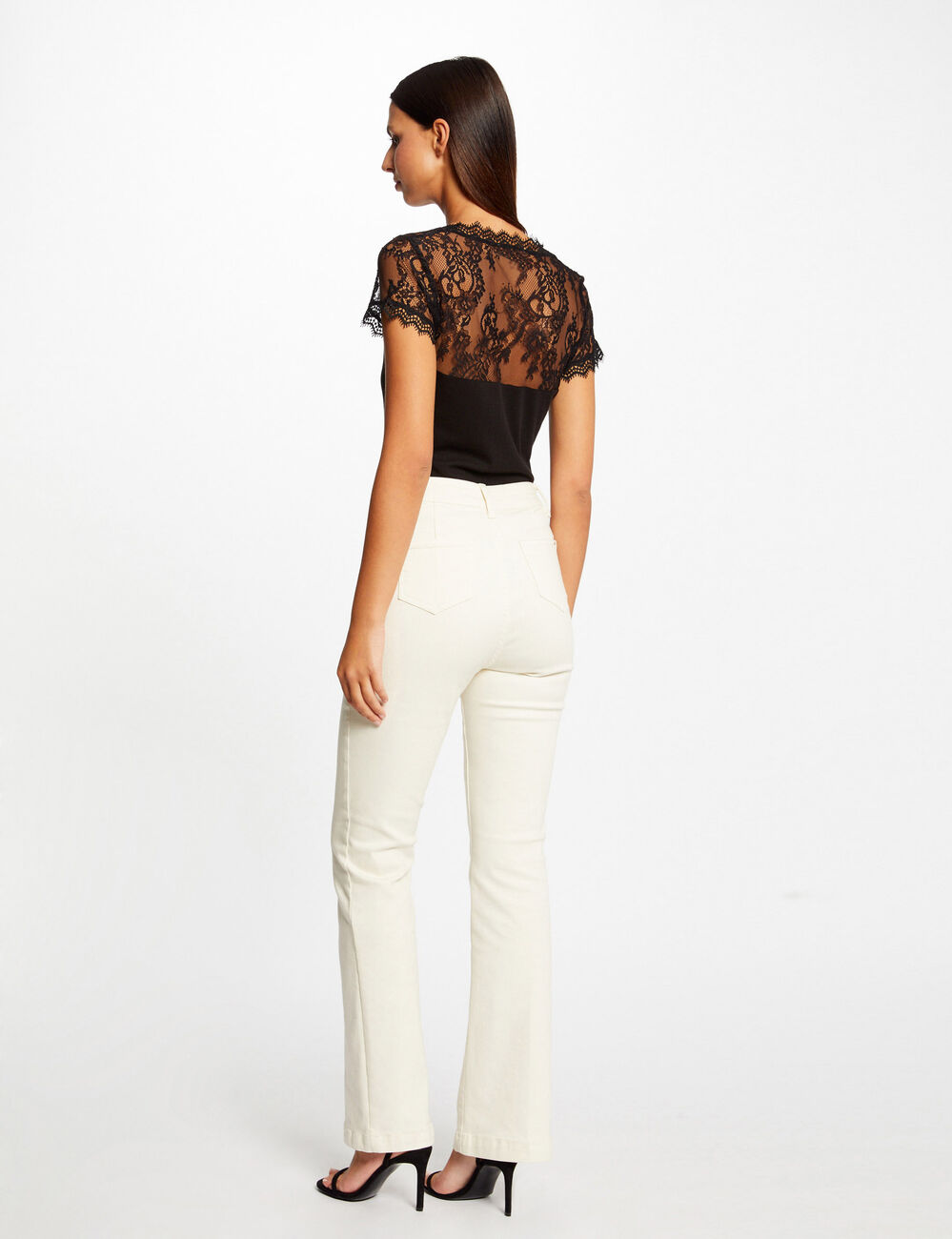 T-shirt manches courtes &agrave; dentelle noir femme