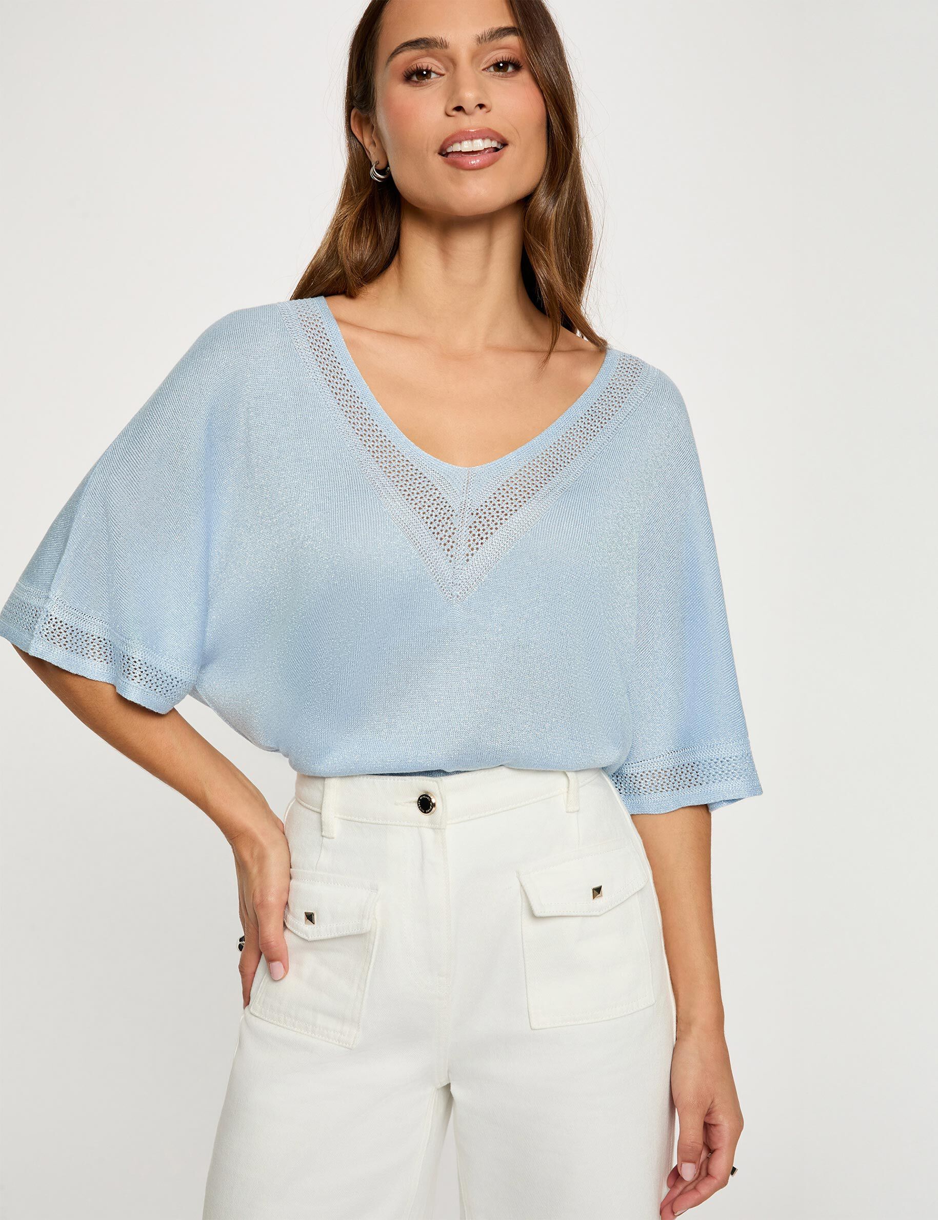 Pull col en V manches courtes ciel femme - vue 1